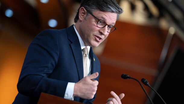 Speaker of the House Mike Johnson, R-La., takes questions at a news conference at the Capitol on Tuesday.