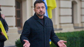 Ukraine's President Volodymyr Zelenskyy answers media questions before his meeting with Finnish Prime Minister Petteri Orpo in Kyiv, Ukraine, on Thursday.