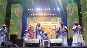 Elena Hinestrosa and her ensemble, Integración Pacífica, perform at one of Petronio Alvarez Music Festival's educational panels.
