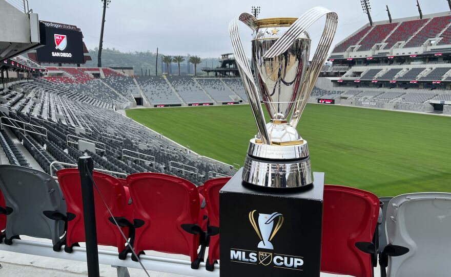 The MLS Cup trophy on display at Snapdragon Stadium, May 18, 2023. 