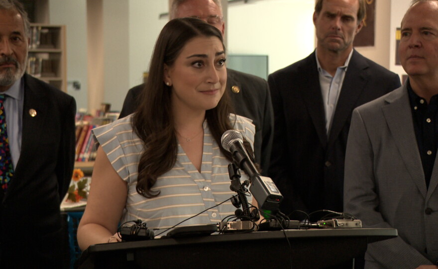 Democratic Representative for District 51, Sara Jacobs, is shown speaking to reporters at Point Loma High School on Oct. 15, 2026.