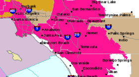 The red shaded region of the map shows where the risk of fire will be high during the red flag warning, issued by the National Weather Service on April 15, 2015. 