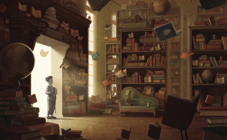 A page from the KPBS One Book Kids selection for 2015, "The Fantastic Flying Books of Mr. Morris Lessmore" by William Joyce.