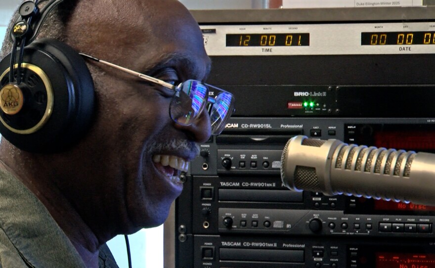 KSDS announcer Larry Murry is shown opening his show at noon in the KSDS on-air studio on August 5, 2025.