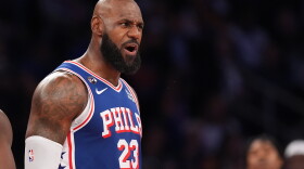 Philadelphia 76ers forward LeBron James yells during the second half of an NBA basketball game against the New York Knicks Tuesday, Oct. 20, 2026, in New York.