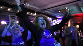 Sydney Crawford, 84, left, of New York City, and JoAnn Loulan, 70, of Portola Valley, Calif., watch election returns during a Democratic party election night event at the Hyatt Regency Hotel, Nov. 6, 2018.