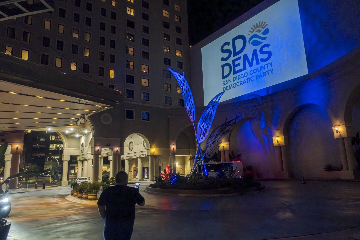 A large sign hung outside of The Westin San Diego Gaslamp Quarter hotel, where Democrats gathered on Nov. 5, 2024, to celebrate election night victories.