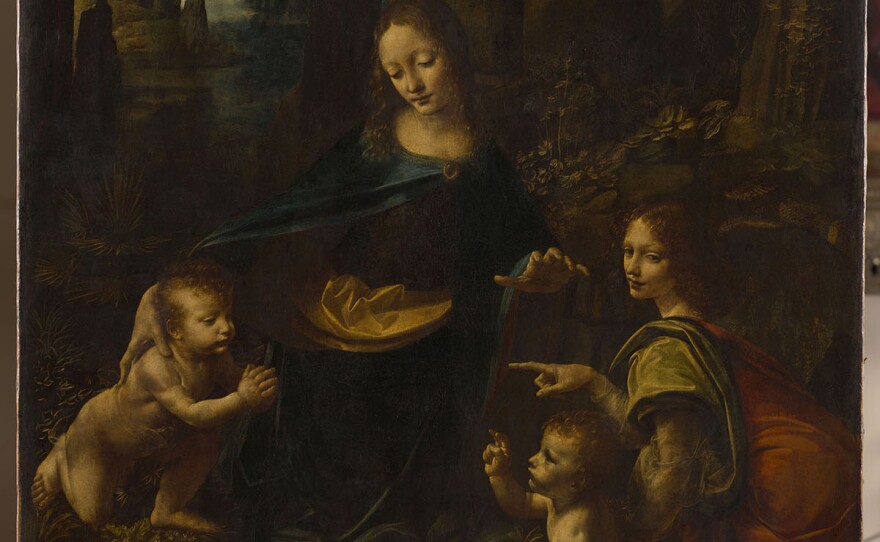 The Virgin, infant Jesus, John the Baptist and an angel also called "The Madonna of the Rocks" or "Virgin of the Rocks." Two versions of this painting by Leonardo exist, this is the Louvre version which predates the London version. Circa 1483.