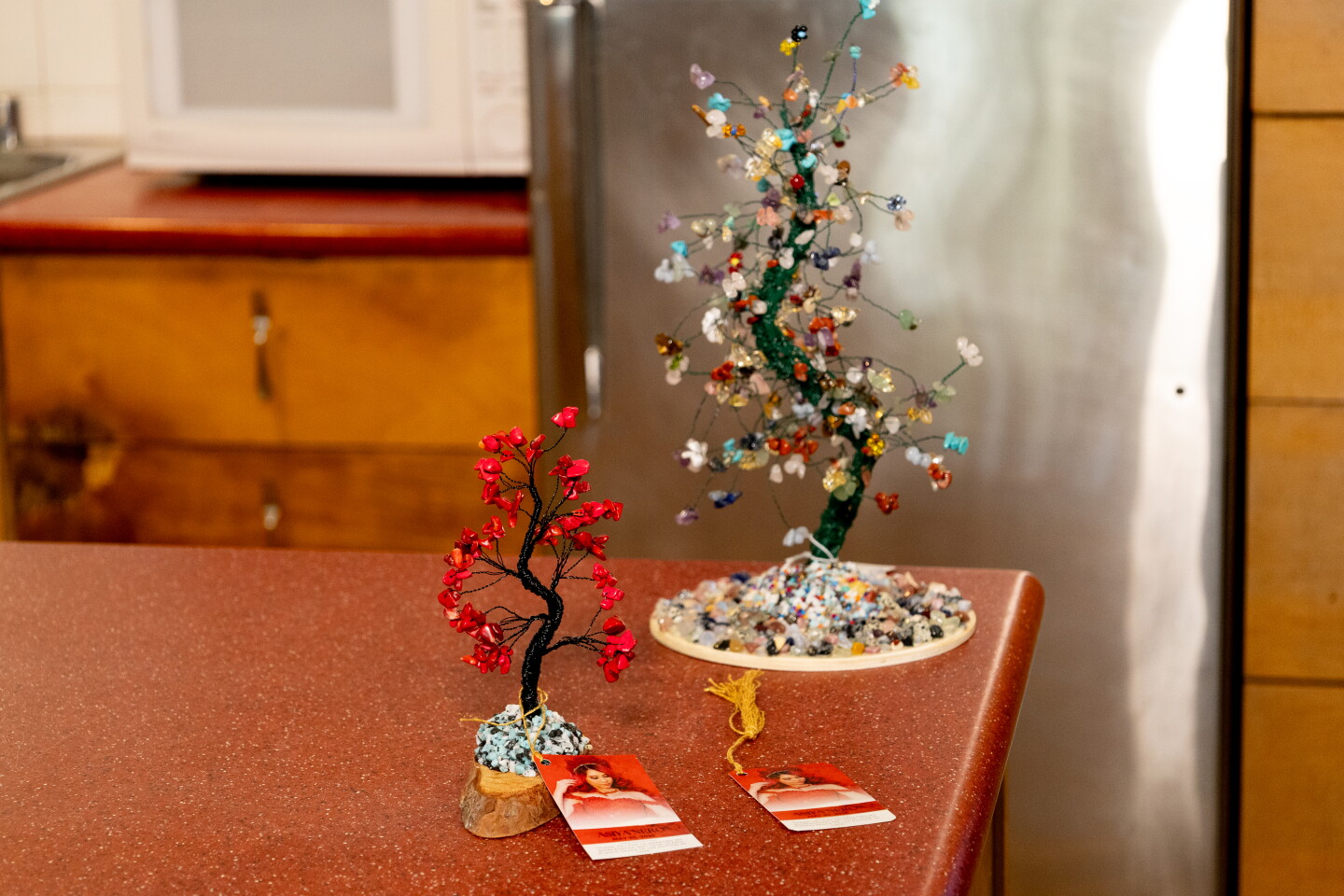 Handmade wire and gemstone trees were handmade as centerpieces that could be taken by the guests at the end of the night. Carmen Montoya-Reyes wanted to make something that people would keep. She also had bookmarks printed with an image of Asiya in her quinceañera dress. The trees took 3 hours each to make and took her a year to com