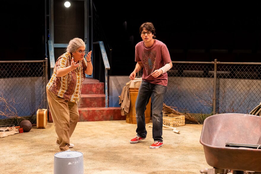 Laura Crotte (Elí) and Diego Josef (Teo) are shown in an undated production photo on the set of The Old Globe's "Under a Baseball Sky."