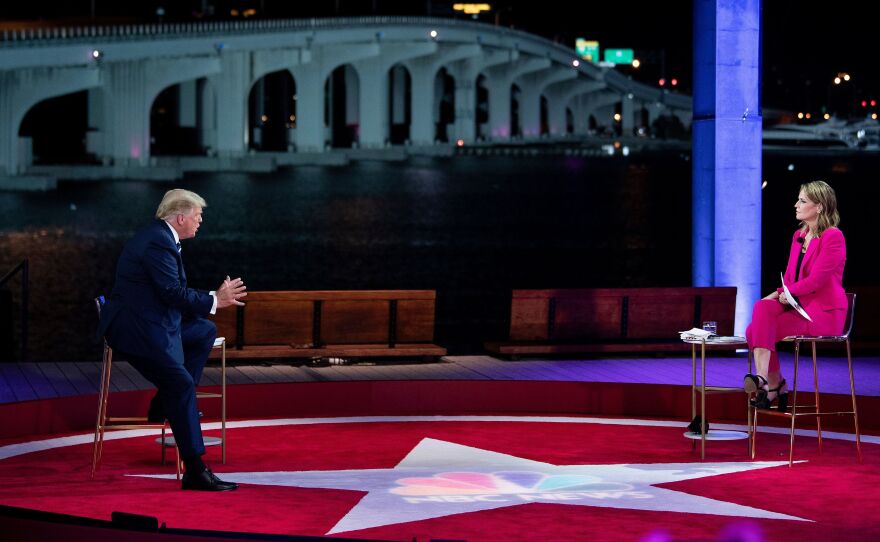 President Trump speaks during an NBC News town hall moderated by Savannah Guthrie at the Perez Art Museum in Miami. At the same time Thursday night, Democratic nominee Joe Biden participated in an ABC News town hall in Philadelphia.