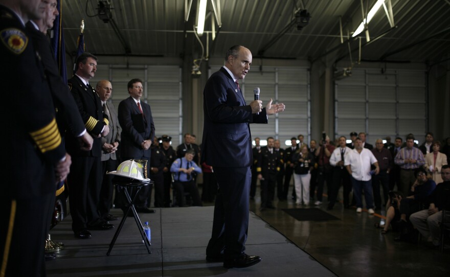 Republican presidential hopeful former New York Mayor Rudy Giuliani holds a campaign rally with first responders at the North Spartanburg Fire Department on Feb. 21, 2007 in Spartanburg, S.C.
