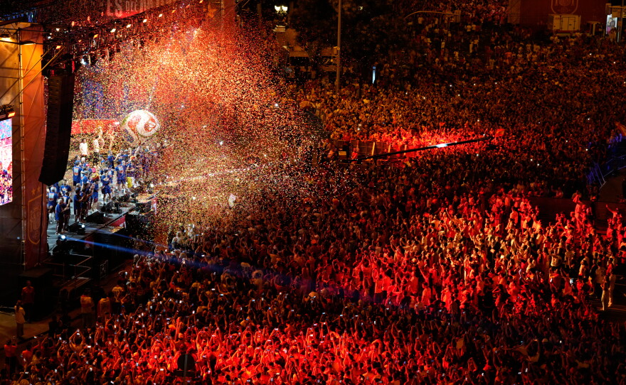 Players from Spain's national soccer team celebrate at Cibeles Square in Madrid on Monday, July 20, 2026, after Spain defeated Argentina in the World Cup final in East Rutherford, N.J., near New York.