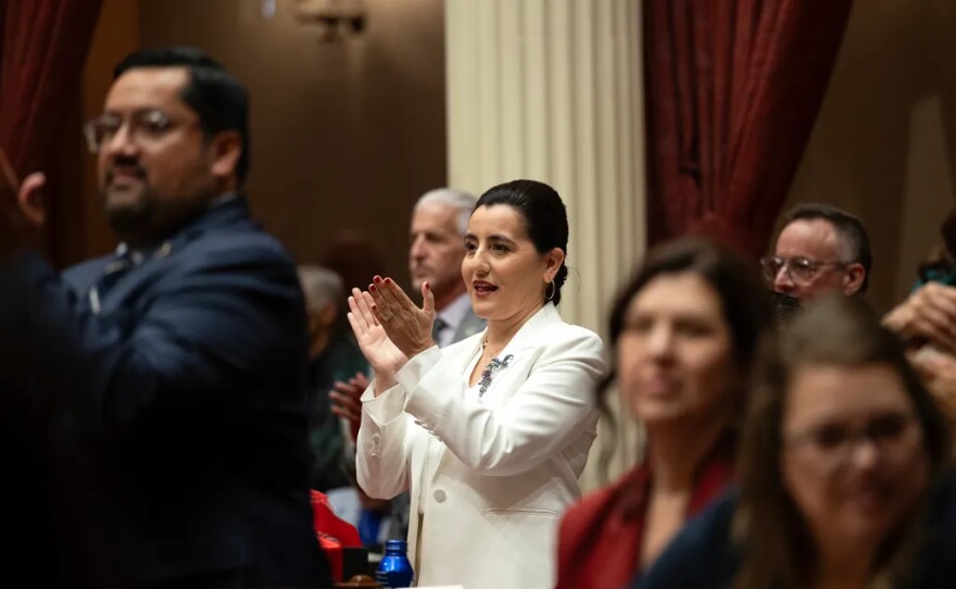 State Sen. Monique Limón prior to being sworn in as Senate president pro tem in the Senate chambers at the state Capitol in Sacramento on Jan. 5, 2026.