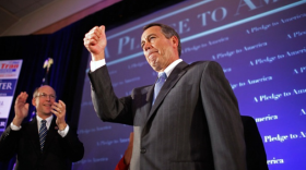 With tears in his eyes as he recounted his rise from humble beginnings to the presumed Speaker of the House, House Minority Leader Rep. John Boehner (R-OH) addresses the Republican National Congressional Committee's midterm election results watch party at the Grand Hyatt hotel November 2, 2010 in Washington, DC.