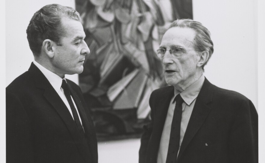 Marcel Duchamp, shown here with art historian Henri Marceau at the Armory Show 50th Anniversary Exhibition in 1963, painted the revolutionary <em>Nude Descending a Staircase</em> when he was just 26 years old.