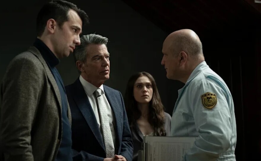 Jay Barushel, Peter Gallagher and Enrico Colantoni in Caitlin Cronenberg's "Humane." (2024)