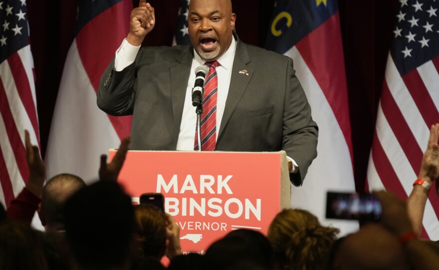North Carolina Lt. Gov. Mark Robinson, Republican candidate for governor, speaks at an election night event in Greensboro, N.C., Tuesday, March 5, 2024.