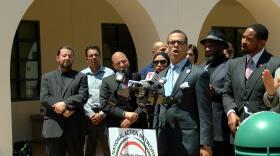 Student and community Muslim groups hold a press conference on the San Diego State University campus to ask for Elliot Hirshman to step down as president of SDSU May 4, 2016.