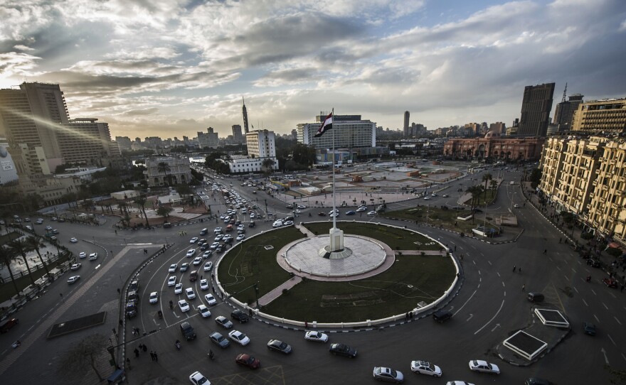 Cairo's Tahrir Square (seen here in January) isn't actually a square — it's a traffic circle. And today, years after it was the site of anti-government demonstrations, it's a beautifully manicured, sterile space.