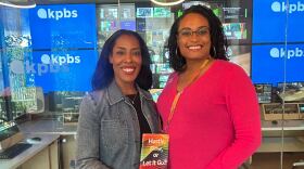 The image shows Dr. Portia Preston, author of the book "Hustle, Flow, or Let it Go?" along with KPBS Midday Edition host Jade Hindmon at KPBS on November 5, 2025.