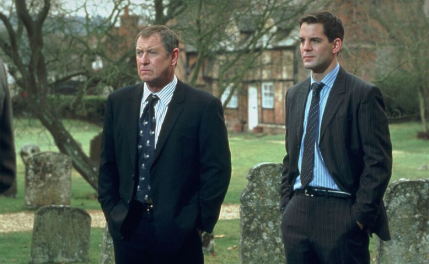 A scene from MIDSOMER MURDERS: Season 7, episode 6 “Straw Women,” featuring Detective Chief Inspector Tom Barnaby (John Nettles) and Sergeant Dan Scott (John Hopkins).