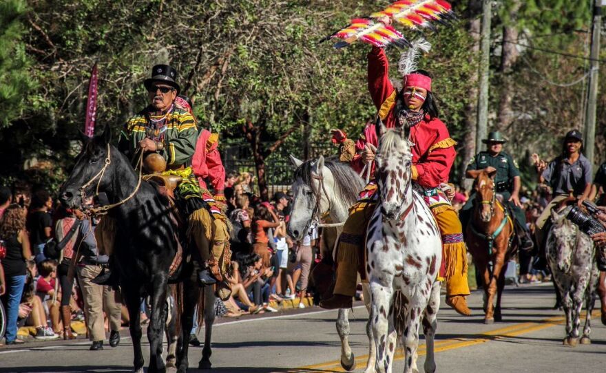 Moses Jumper, a Seminole re-enactor from Big Cypress and "Osceola" lead the 2015 FSU Homecoming parade.