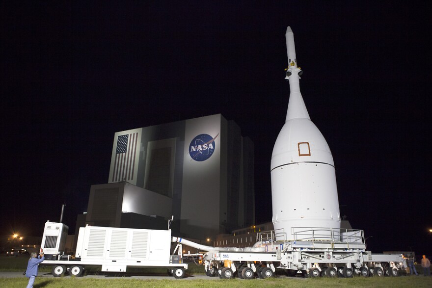 Orion is shown being transported from NASA's Kennedy Space Center in Florida to Cape Canaveral Air Force Station, Nov. 11, 2014. 