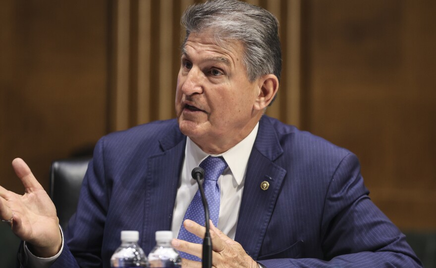 Sen. Joe Manchin, D-W.Va., speaks during a Senate Appropriations Committee hearing Tuesday on President Biden's massive infrastructure and jobs plan. Manchin's position in the Senate means he will have a lot of say on whether the package includes everything the Biden administration wants, and on how to pay for it.