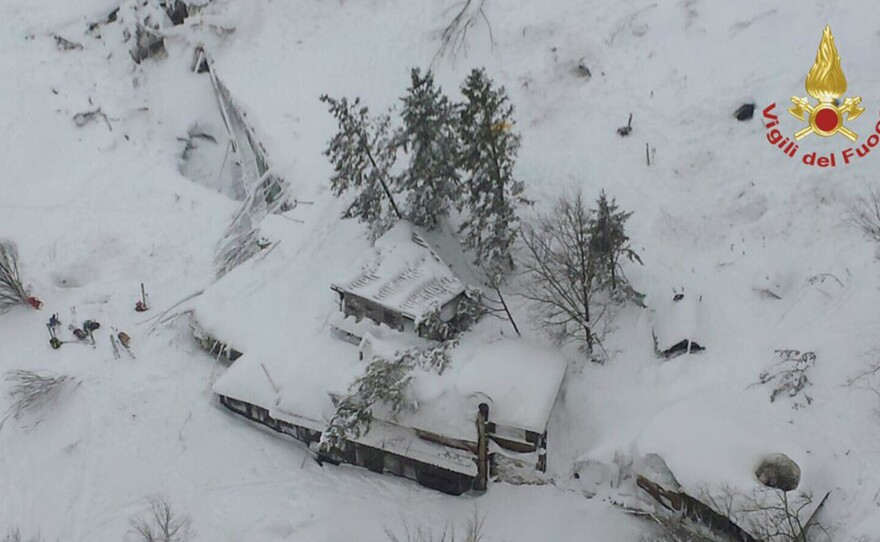 The Rigopiano Hotel, shown early on Thursday, was hit by an avalanche in Farindola, Italy, after earthquakes shook the region on Wednesday.