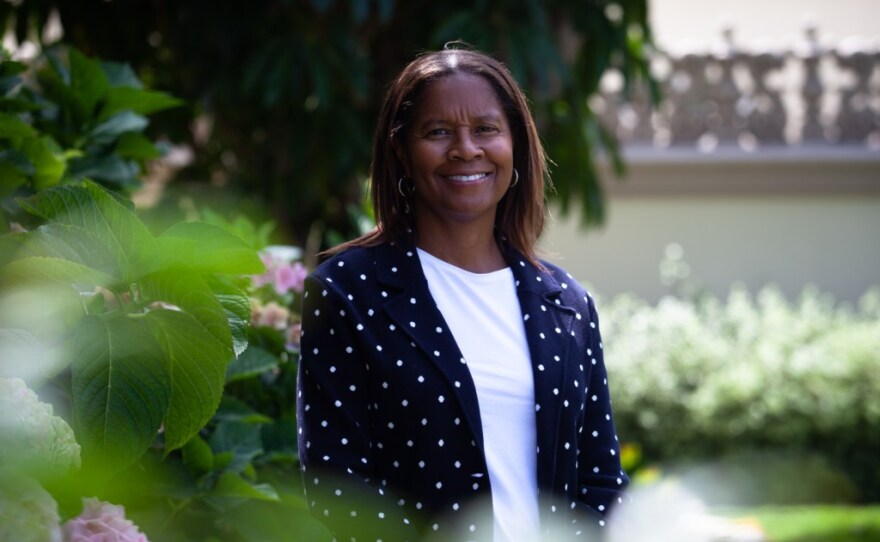 Professor Mary Jo Wiggins is photographed outside of the University of San Diego School of Law, Aug. 19, 2021