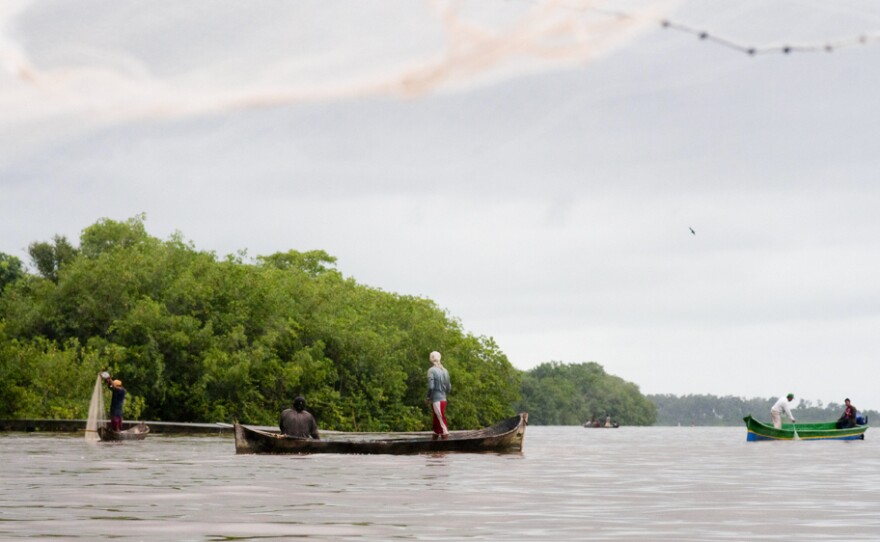 Fishermen cast their nets out in Bluefields Bay on Nicaragua's Caribbean coast.