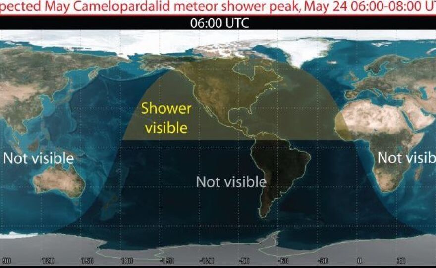 A map from NASA predicts the peak viewing areas and times for the Camelopardalids meteor shower Friday night and early Saturday.