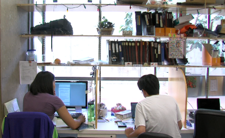 Floor-to-ceiling windows provide abundant natural light in Satchin Panda's lab, July 18, 2014.