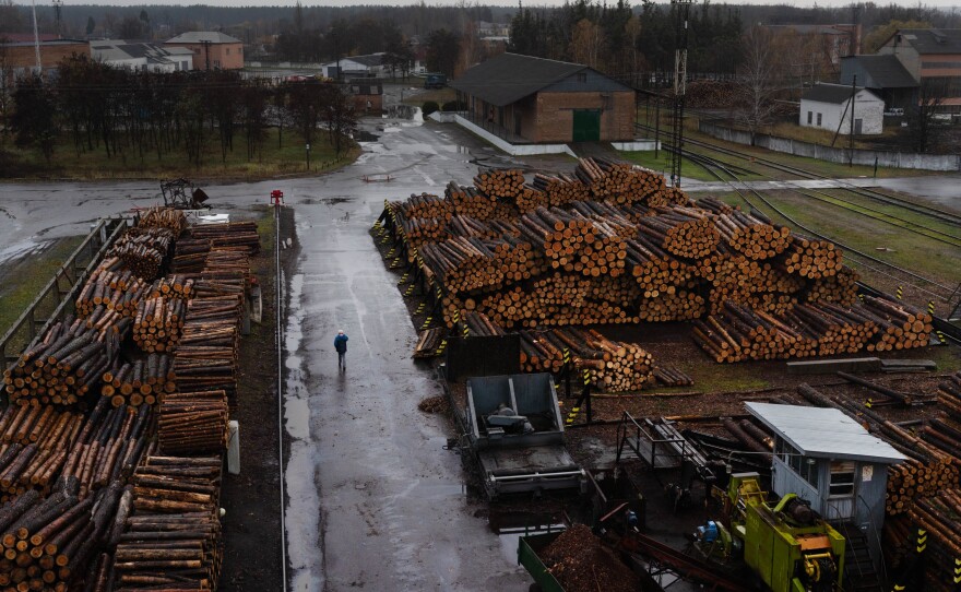 A state-run forestry operation near Zhytomyr collecting firewood for delivery to impacted areas.