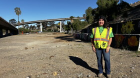 Janice Luna Reynoso, executive director of Mundo Gardens, stands on Caltrans land identified for redevelopment, Oct. 26, 2026.