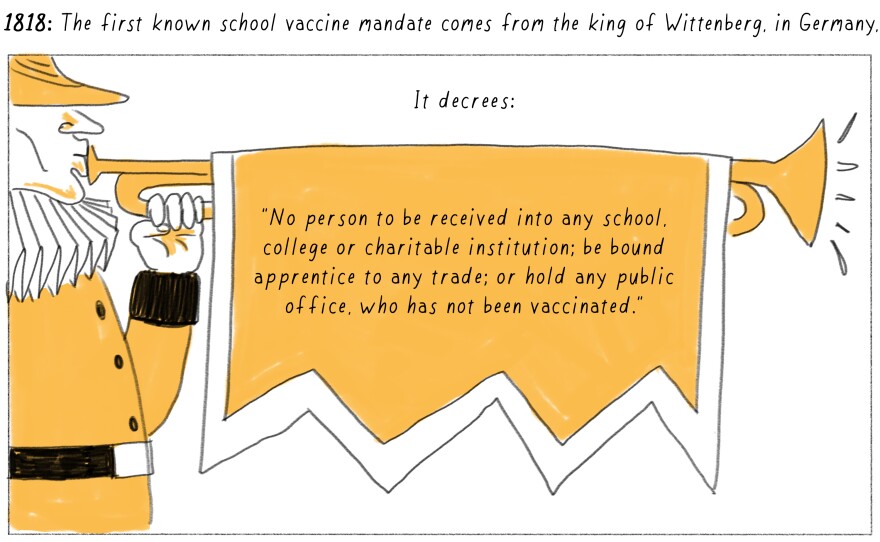 1796: English doctor Edward Jenner successfully vaccinates a child named James Phipps with pus taken from a cowpox pustule. The principle goes back centuries to the traditional practice of variolation in Central Asia, India, China and Africa.1818: The first known school vaccine mandate comes from the king of Wittenberg, in Germany.