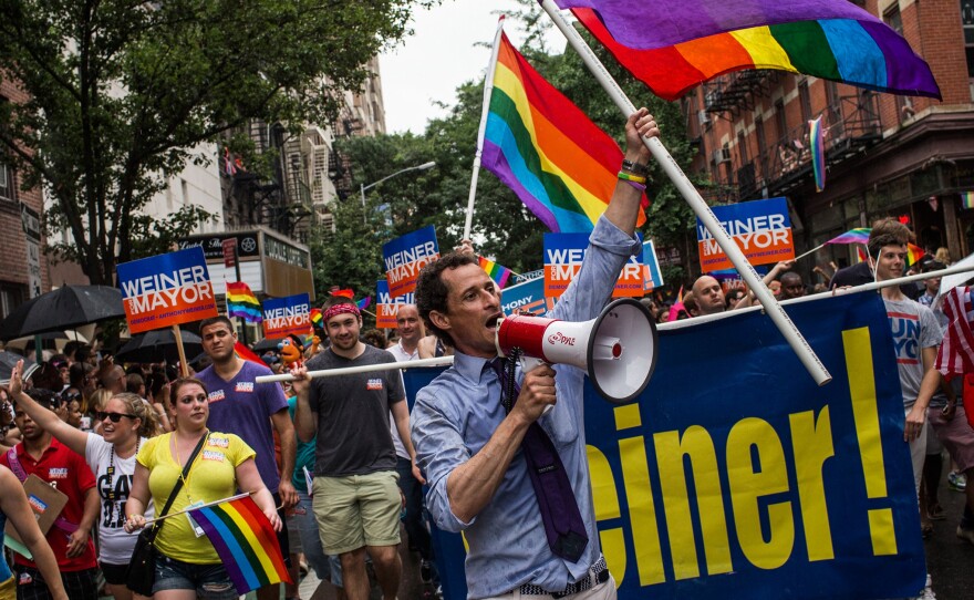 Mayoral candidate Anthony Weiner marches in the New York Gay Pride Parade on June 30.