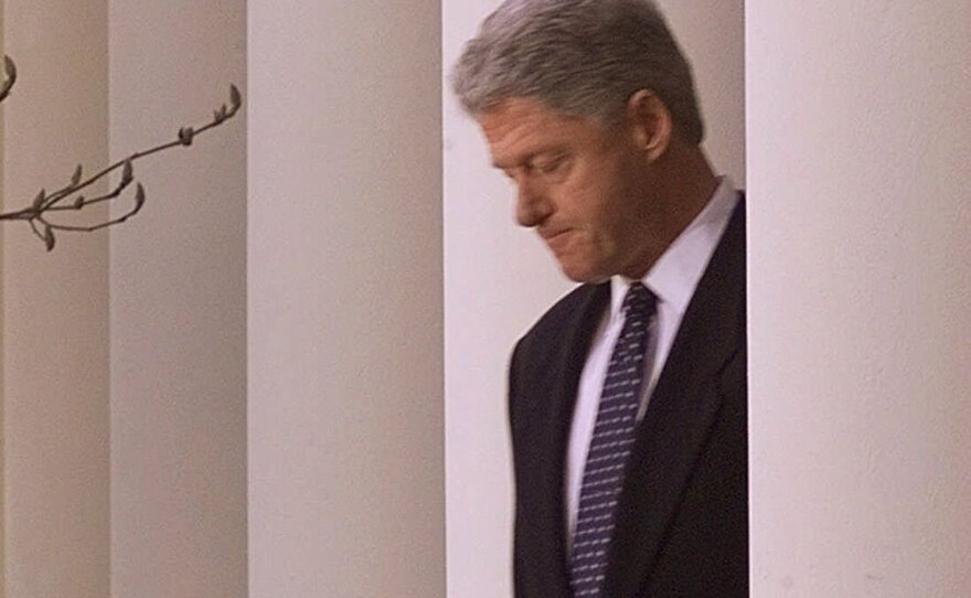 President Clinton arrives in the Rose Garden after being acquitted of all charges in his impeachment trial  Feb. 12, 1999.