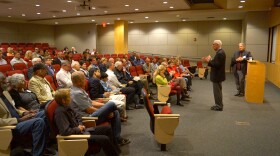 San Diego State head basketball coach Steve Fisher speaks to KPBS Producer Club members at the Fowler Athletics Center, May 6, 2014.