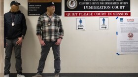 Cases in immigration courts nationwide can be appealed to the Board of Immigration Appeals. Here, federal agents stand outside an immigration court in New York on March 6, 2026.