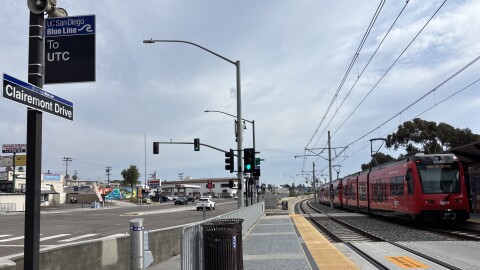 A trolley leaves the Clairemont Drive Station, Aug. 27, 2025.