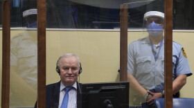 Former Bosnian Serb military chief Ratko Mladic sits in the court room in The Hague, Netherlands, June 8, 2021, where the United Nations court delivers its verdict in the appeal of Mladic against his convictions for genocide and other crimes and his life sentence for masterminding atrocities throughout the Bosnian war.