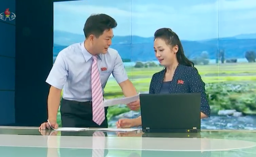 In this episode last September of an evening show on North Korea's Korean Central Television named News From Soldiers' Hometowns, the show's anchor is interrupted by a presenter who walks on with papers in hand to deliver an update.
