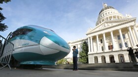 A full-scale mock-up of a high-speed train is displayed at the Capitol, Feb. 11, 2016. 