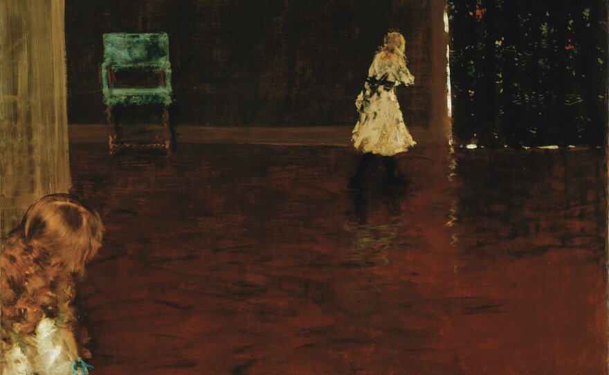 In Chase's 1888 Hide and Seek, two young girls — sisters, perhaps — play on a vast shimmering hardwood floor, in a sparely-decorated room. A mysterious painting. Who is hiding? Who is seeking? Is it just a game? Or is the painting about growing up — the older girl approaching the door to adulthood, the younger one looking at her own future?