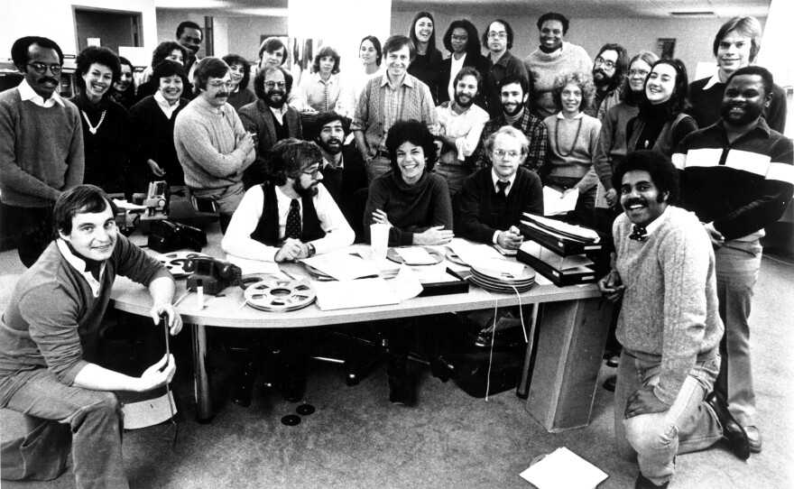 The staff of <em>All Things Considered</em> celebrated the 10th anniversary of the program in 1981.