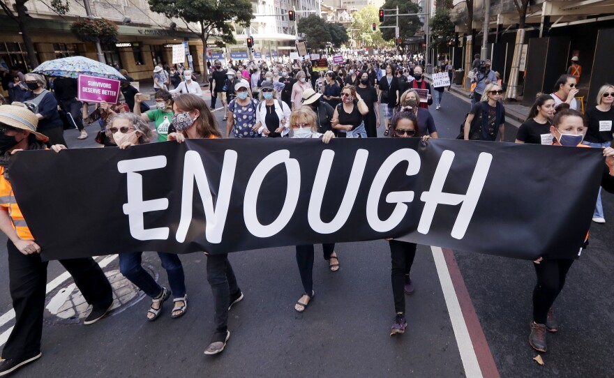 Thousands of people with placards and banners rally in Sydney, Australia, on Monday, demanding justice for women. The rally was one of several across Australia including in Canberra, Melbourne, Brisbane and Hobart.