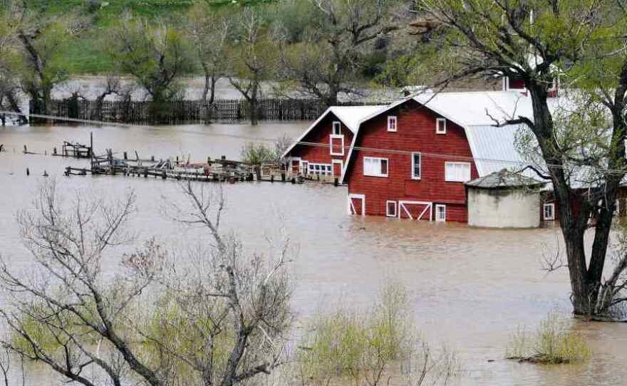 Barns are surrounded by the flooded Musselshell River west of Harlowton, Mont., on May 26.