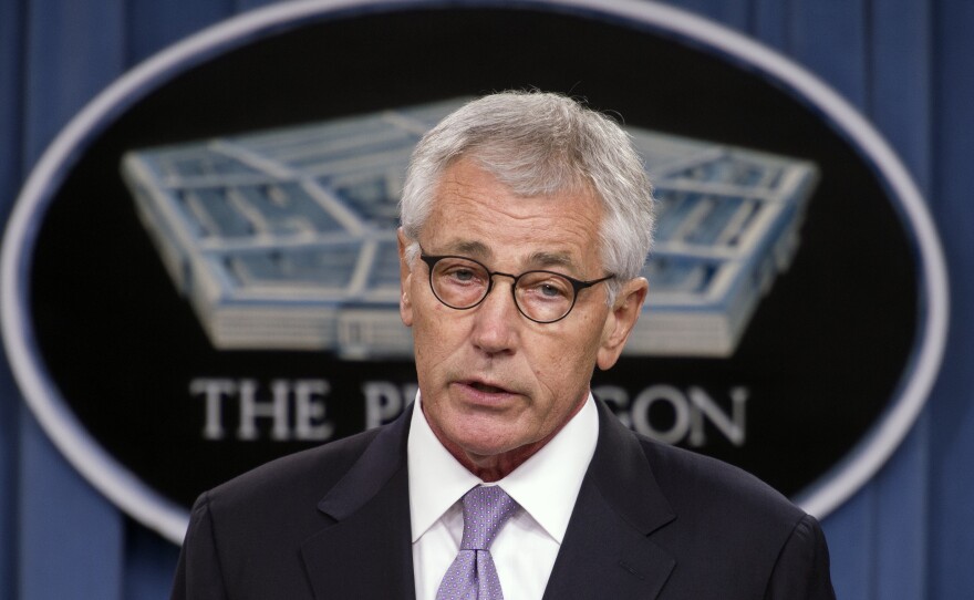 Defense Secretary Chuck Hagel speaks in the Pentagon press room, Oct. 1, 2014.